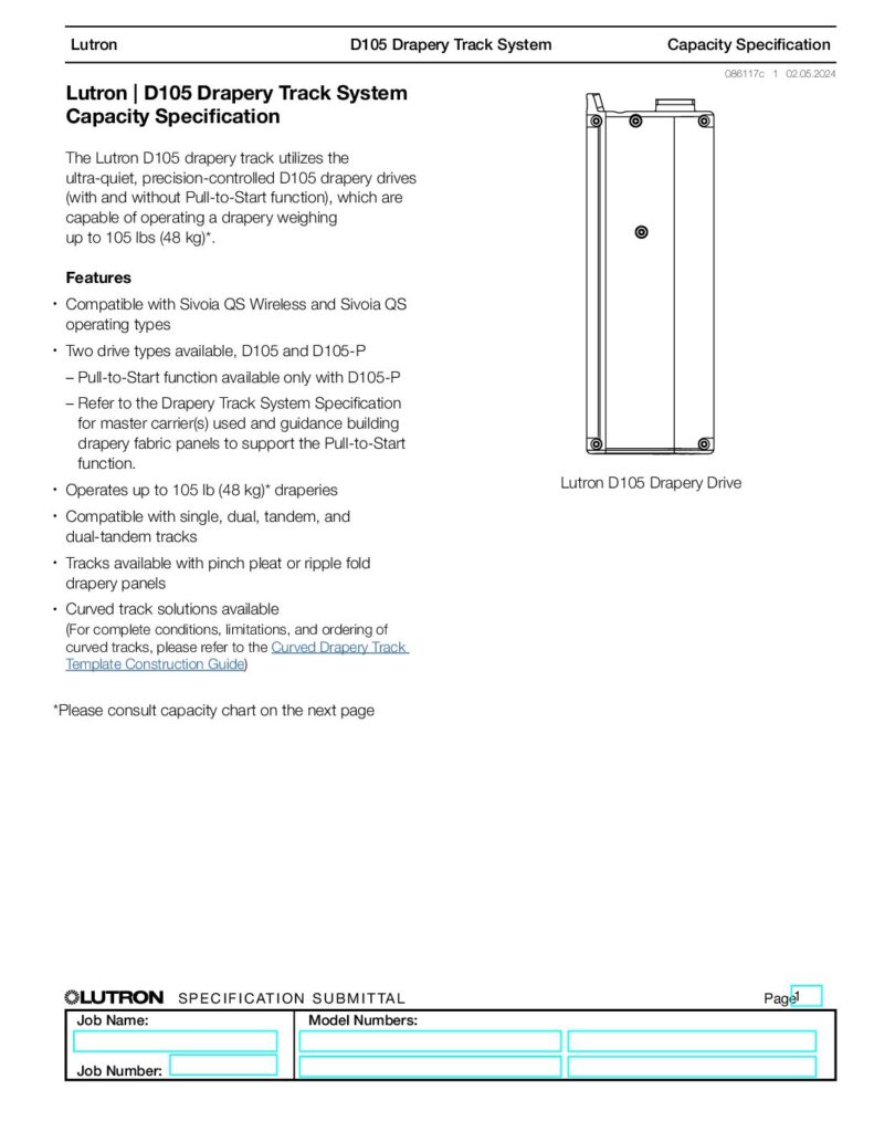 lutron d105 drapery curtain track drive motor spec